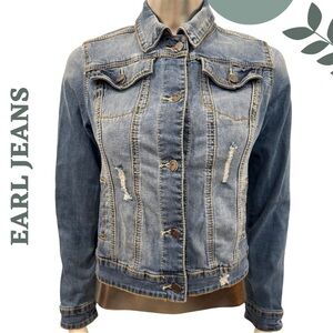 Earl Jeans Stretch Denim Trucker Jacket Women’s XS Distressed Medium Wash Blue